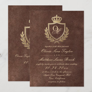 Invitation Mariage élégant Brun Faux Texture Velours Or