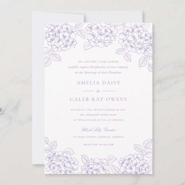 Invitation Mariage Élégant Cadre d'Hortensia Violet Floral (Devant)
