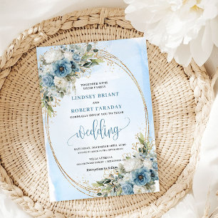 Invitation Mariage élégant cadre doré floral bleu poussiéreux