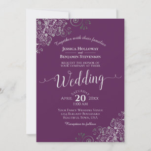 Invitation Mariage élégant calligraphie argentée prune pourpr