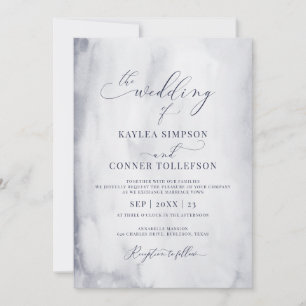 Invitation Mariage élégant calligraphie marbre aquarelle bleu