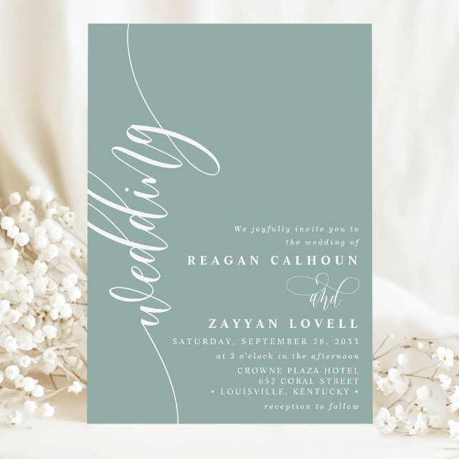 Invitation Mariage élégant calligraphie script sarcelle pouss (Créateur téléchargé)