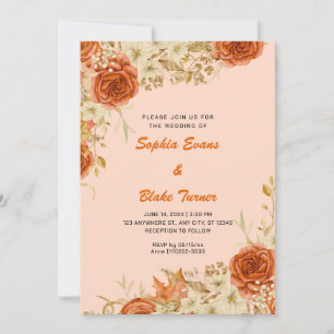 Invitation Mariage Élégant Campagne Roses Orange Crème Orange