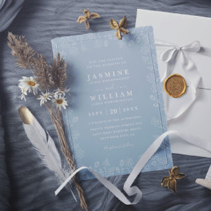 Invitation Mariage élégant chic à code QR floral blanc et ble