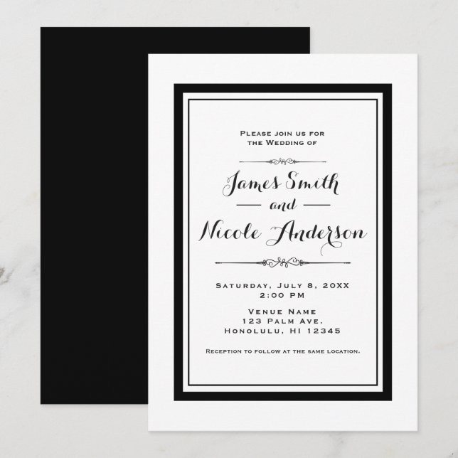 Invitation Mariage Élégant Chic Couture Blanc & Noir (Devant / Derrière)