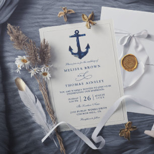 Invitation Mariage Élégant Chic Moderne Bleu Ancre Nautique