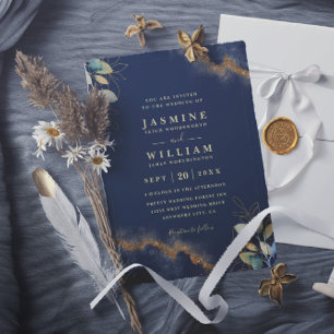 Invitation Mariage élégant chic moderne or bleu marine avec c