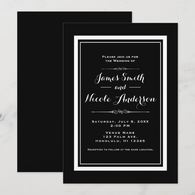 Invitation Mariage élégant chic noir et blanc couture (Devant / Derrière)