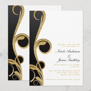 Invitation Mariage Élégant Chic Tourbillon Noir Blanc Or