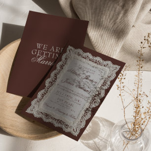 Invitation Mariage élégant chocolat brun dentelle vieux riche