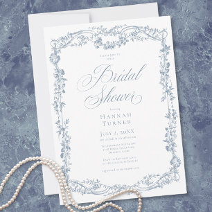 Invitation Mariage Élégant Classique avec Cadre Floral Bleu