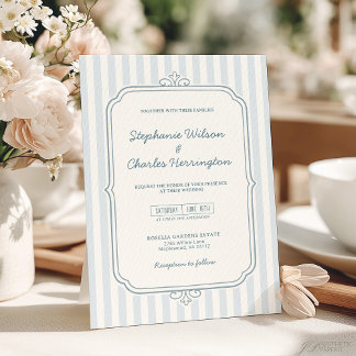 Invitation Mariage élégant classique bleu beige rayé