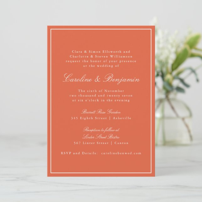 Invitation Mariage Élégant Classique Chaud Orange Script Form (Debout devant)
