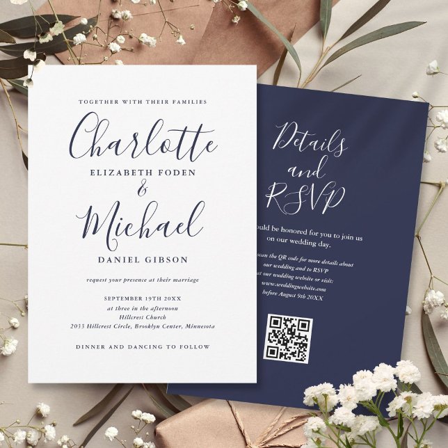 Invitation Mariage élégant code QR en écriture Navy Blue (Navy Blue Elegant Script QR Code Wedding Invitation)