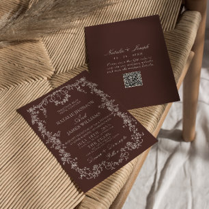Invitation Mariage élégant code QR marron chocolat floral chi