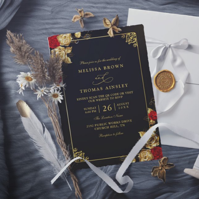 Invitation Mariage élégant code QR rouge or et noir de luxe (Créateur téléchargé)