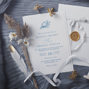 Invitation Mariage Élégant Coquillage Vintage Bleu Minimalist