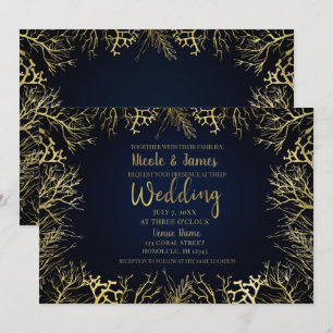 Invitation Mariage Élégant Corail Or et Bleu Nuit