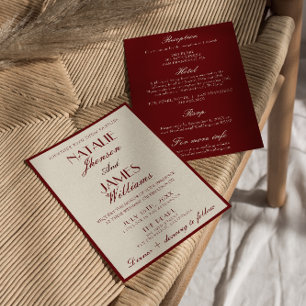 Invitation Mariage Élégant Crème Bourgogne Tout En Un