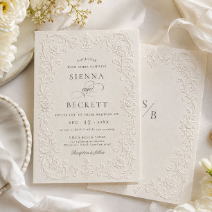 Invitation Mariage Élégant Crème Style Floral Orné Relief