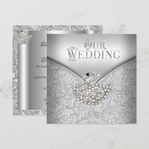 Invitation Mariage Élégant Cygne Blanc Damassé Argent