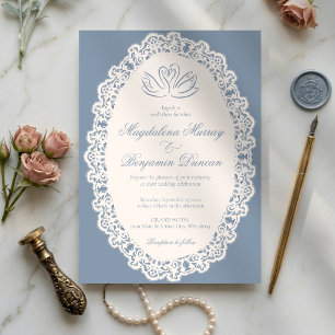 Invitation Mariage élégant cygne bleu poussiéreux dentelle iv