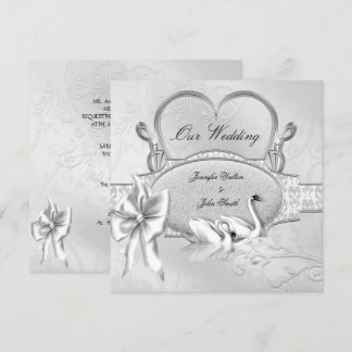 Invitation Mariage Élégant Cygnes Blancs Argent Cœur Arc