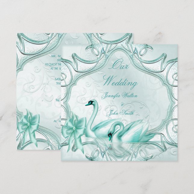 Invitation Mariage élégant Cygnes Bleu sarcelle Nœud (Devant / Derrière)