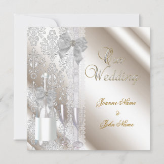 Invitation Mariage Élégant Damas Crème Blanc Champagne