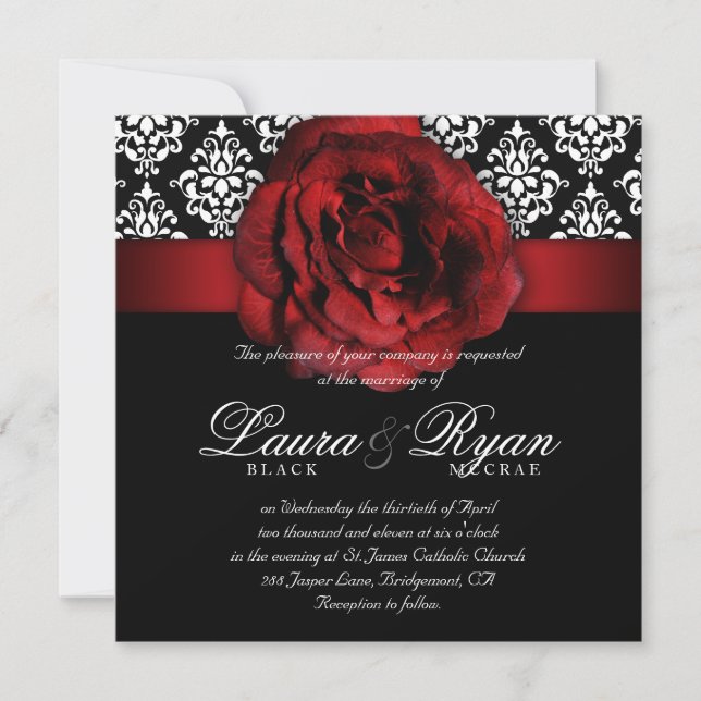 Invitation Mariage élégant Damas Rouge Rose Noir Blanc (Devant)