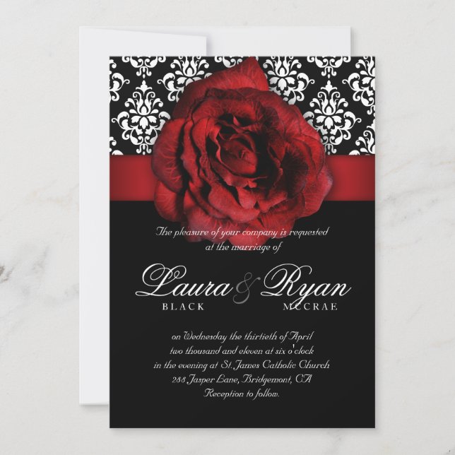 Invitation Mariage élégant Damas Rouge Rose Noir Blanc (Devant)