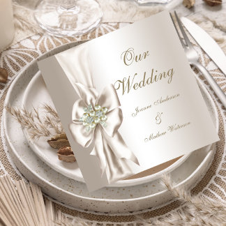 Invitation Mariage élégant damassé perle crème blanc noeud