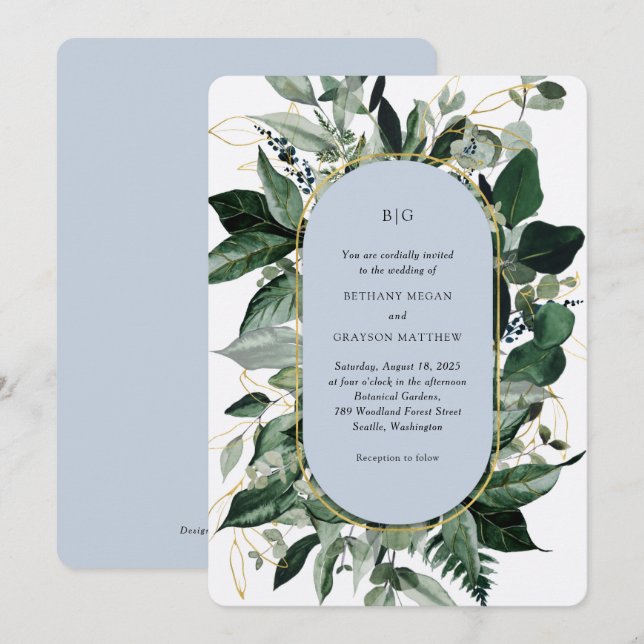 Invitation Mariage élégant dans un jardin botanique bleu pous (Devant / Derrière)