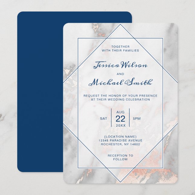 Invitation Mariage élégant de bleu marine d'or de marbre (Devant / Derrière)