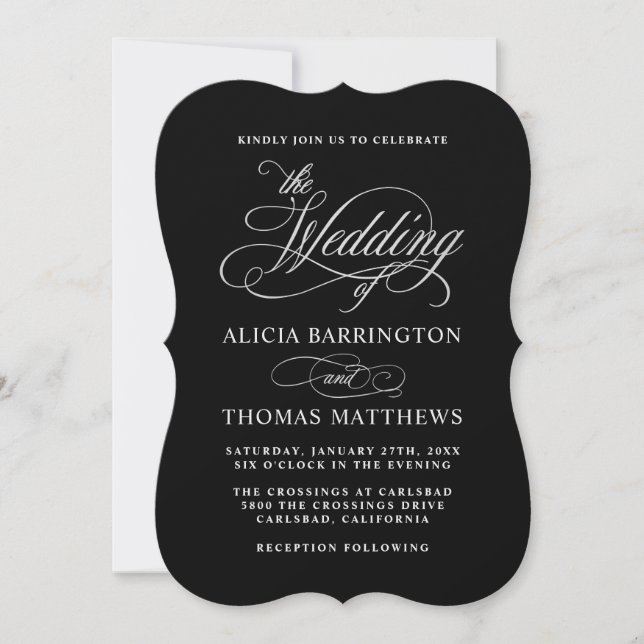 Invitation Mariage élégant de calligraphie noir et argent (Devant)