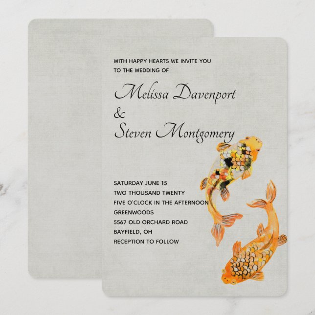 Invitation Mariage élégant de carpes koï or (Devant / Derrière)