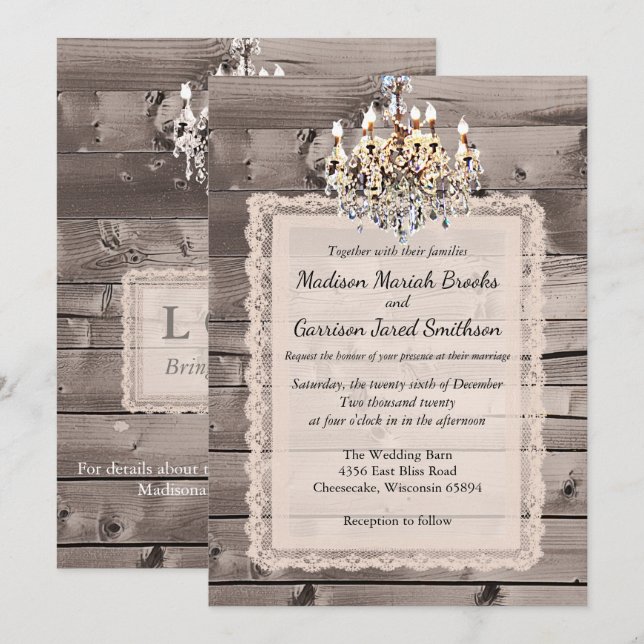 Invitation Mariage élégant de grange avec la dentelle et le (Devant / Derrière)