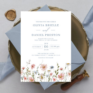Invitation Mariage élégant de jardin bleu foncé rose rose