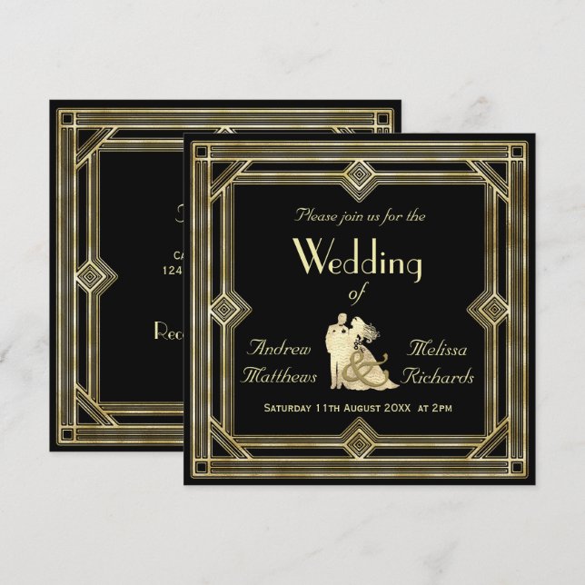 Invitation Mariage élégant de noir d'or d'art déco (Devant / Derrière)