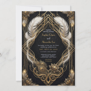 Invitation Mariage élégant des années 20 noir et or avec plum