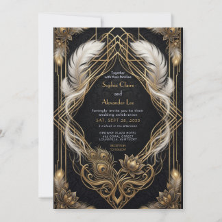 Invitation Mariage élégant des années 20 noir et or avec plum