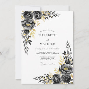 Invitation Mariage élégant d'hiver doré au charbon de bois