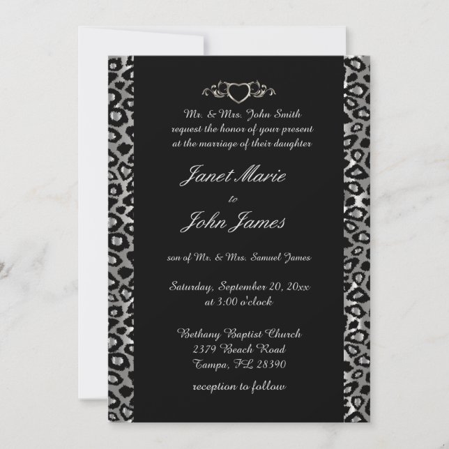 Invitation Mariage élégant en argent et léopard noir (Devant)