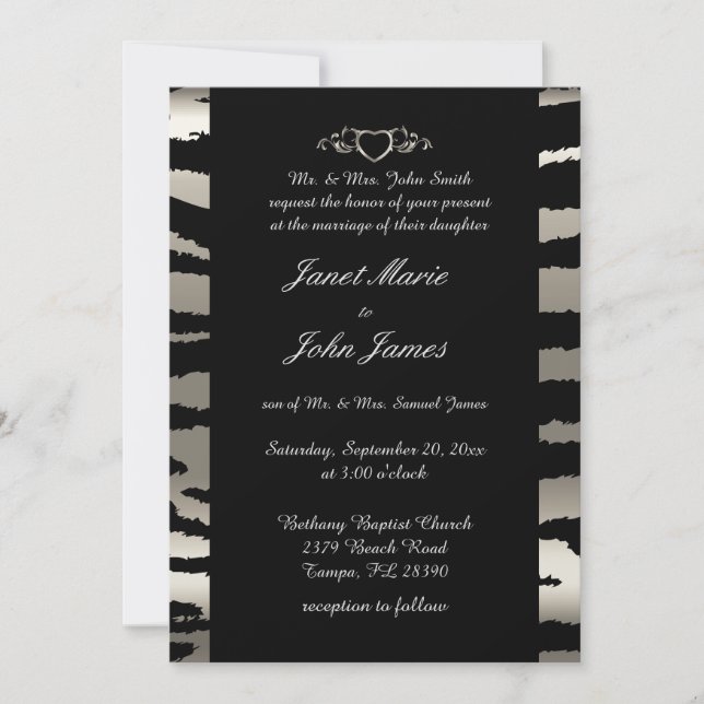 Invitation Mariage élégant en Argent & Grandes Têtes Zèbre No (Devant)