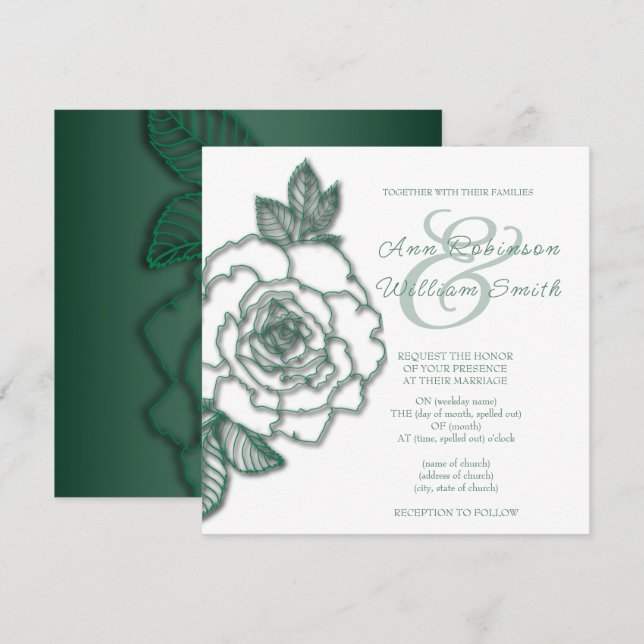 Invitation Mariage élégant en argent vert émeraude (Devant / Derrière)