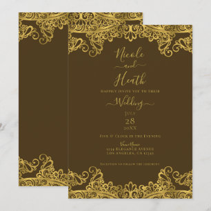 Invitation Mariage élégant en dentelle Brown et or