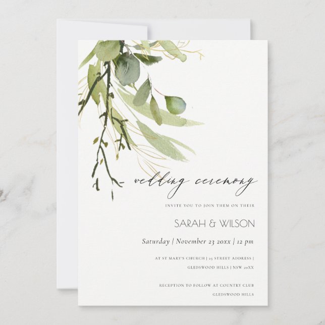 Invitation Mariage ELEGANT EN FEAFE VERT FOLIAGE EAU COULEUR  (Devant)