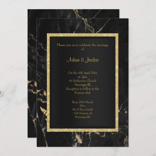 Invitation MARIAGE ÉLÉGANT EN MARBRE D'Or Noir (Devant / Derrière)