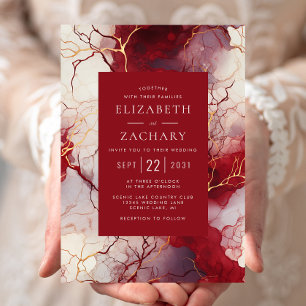 Invitation Mariage élégant en marbre rouge or blanc