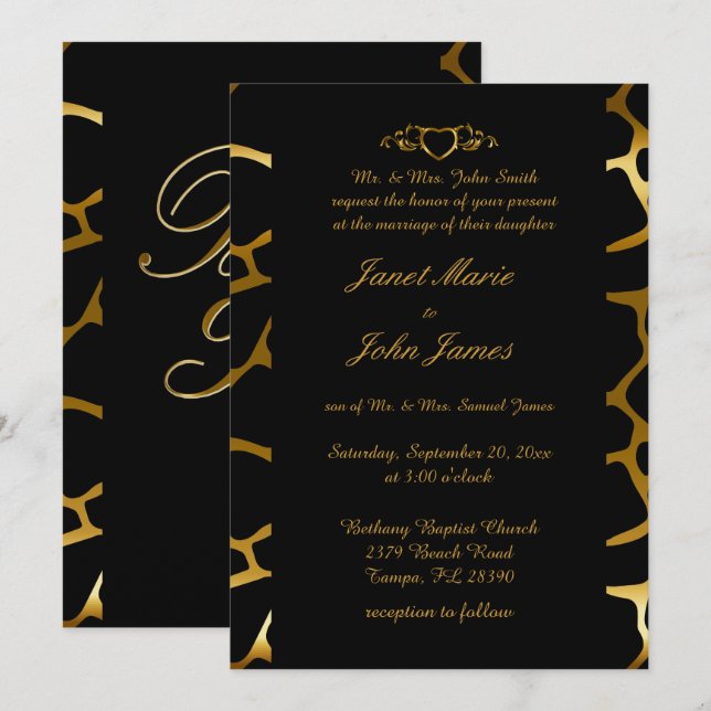 Invitation Mariage élégant en Motif Gold & Black Giraffe (Devant / Derrière)